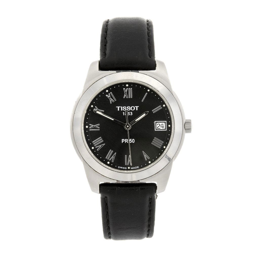 A stainless steel quartz gentleman's Tissot PR50 wrist : TISSOT - a stainless steel quartz gentleman's PR50 wrist watch, the black dial with hourly applied silvered Roman numerals, bordered by a minute track, date aperture to three o'clock, tonneau shaped c
