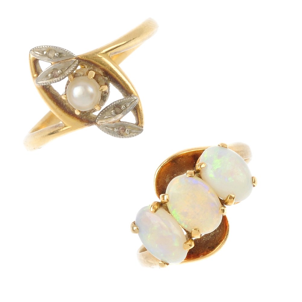 A selection of gem-set jewellery.: A selection of gem-set jewellery. To include a seed pearl ring with diamond point foliate sides, an oval opal cabochon three-stone ring, and a pair of synthetic opal and colourless paste cluster ear s