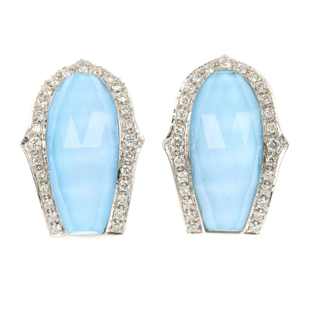 STEPHEN WEBSTER - a pair of 18ct gold turquoise, rock c: * STEPHEN WEBSTER - a pair of 18ct gold turquoise, rock crystal and diamond 'Crystal Haze' earrings. Each designed as a turquoise panel, with faceted rock crystal top, within a brilliant-cut diamond s