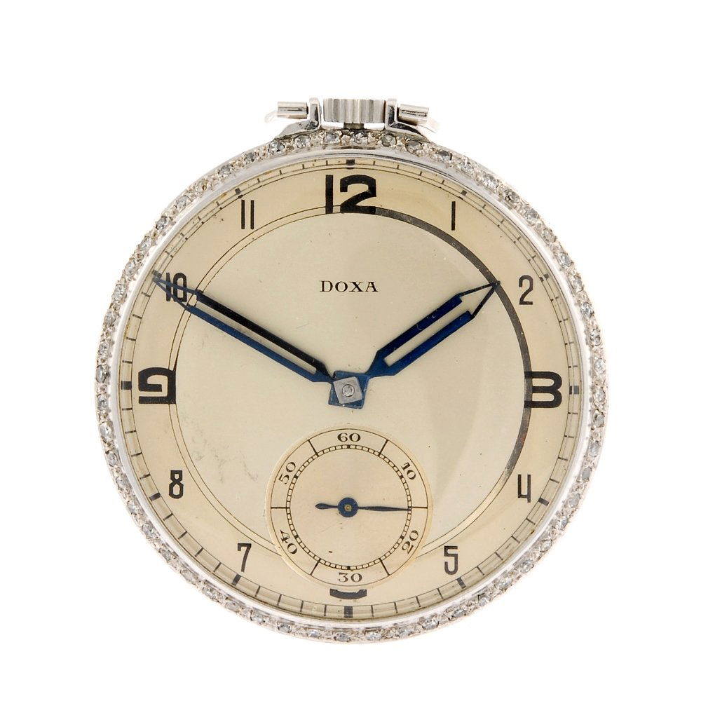 A white metal keyless wind open face pocket watch signe: A white metal keyless wind open face pocket watch signed Doxa, the two tone silvered dial with hourly applied Arabic numerals, bordered by a minute track, subsidiary seconds dial to six o'clock, diamo