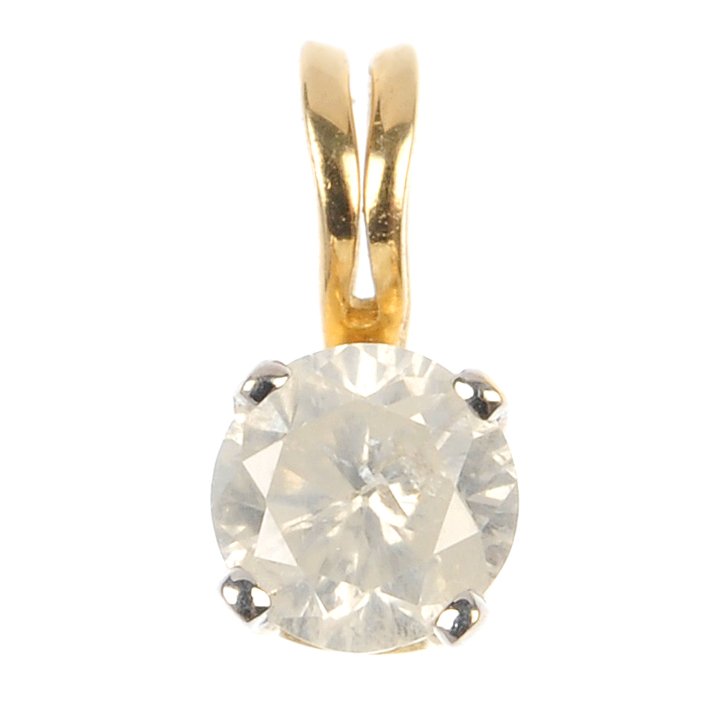 A diamond single-stone pendant.: A diamond single-stone pendant. The brilliant-cut diamond, suspended from a bifurcated surmount and fancy-link chain. Estimated diamond weight 0.30ct, I-J colour, P2 clarity. Length of pendant 1cm. Le
