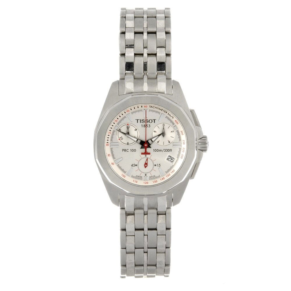 A stainless steel quartz chronograph Tissot PRC 100 bra: TISSOT - a stainless steel quartz chronograph PRC 100 bracelet watch, the silvered dial with hourly applied markers, subsidiary recorder dials to two, six and ten o'clock, date aperture positioned to