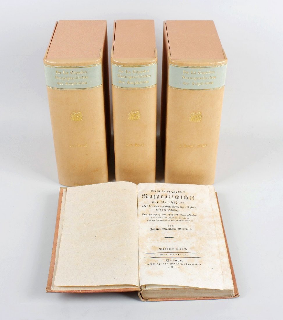 Bechstein: Naturgeschichte Amphibien 1801-2: Bechstein, Johann Mattheus: 'De la Cepedes Naturgeschichte der Amphibien', 5 vols plus 'Atlas' containing numerous hand-colured engravings of amphibians, Weimar, 1800-2, in pink boards and three later