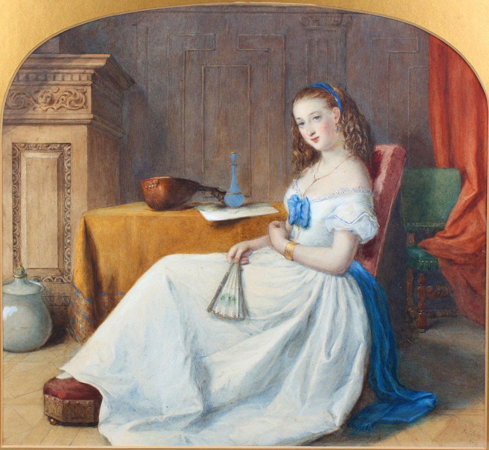 R H Giles, portait of a lady: R H Giles (Exh. 1826 -79), portrait of a young lady seated holding a fan, her feet resting upon an octagonal footstool, before a table with mandolin and bottle, in a panelled interior, watercolour, si