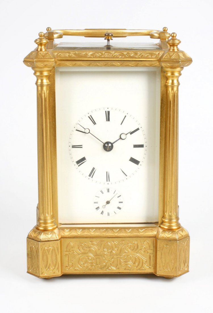 A large 19th century French brass repeating carriage cl