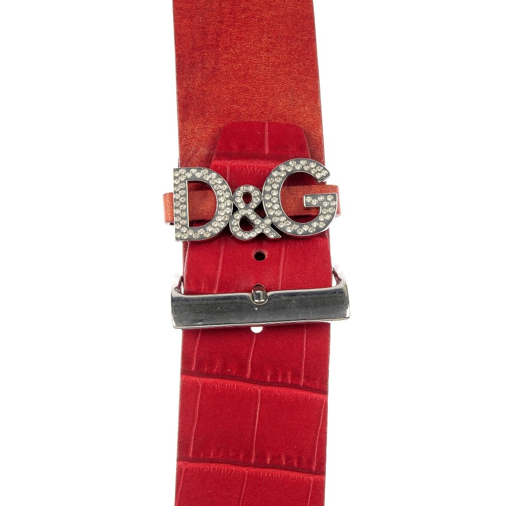 D&G - a selection of jewellery and watches.: D&G - a selection of jewellery and watches, to include a quantity of various rings, a colourless paste dog tag pendant and a red leather stylised buckle bracelet with central colourless paste D&G moti