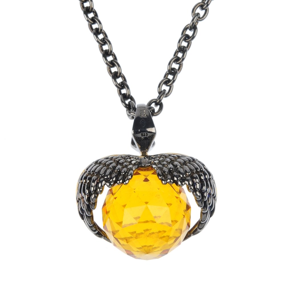 STEPHEN WEBSTER - a silver and Swarovski crystal Virgo : STEPHEN WEBSTER - a silver and Swarovski crystal Virgo 'Astro Ball' pendant, the spherical orange Swarovski crystal, to the textured wing surmount with cubic zirconia detail, suspended from a belcher-