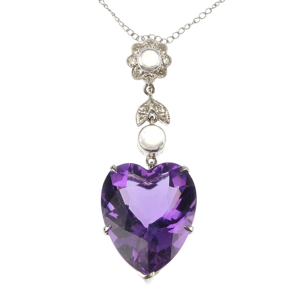 An amethyst, moonstone and diamond pendant.: An amethyst, moonstone and diamond pendant. The heart-shape amethyst, to the circular moonstone cabochon and single cut diamond floral surmount, suspended from a trace-link chain. Estimated total diam