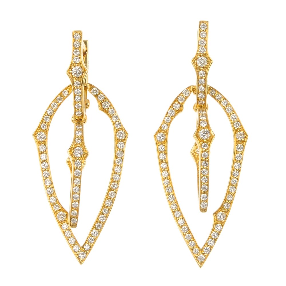 STEPHEN WEBSTER - a pair of 18ct gold diamond lantern: * STEPHEN WEBSTER - a pair of 18ct gold diamond ear pendants. Each designed as a two graduated brilliant-cut diamond tapered hoops, to the similarly-cut diamond surmount. Maker's mark for Stephen Webs