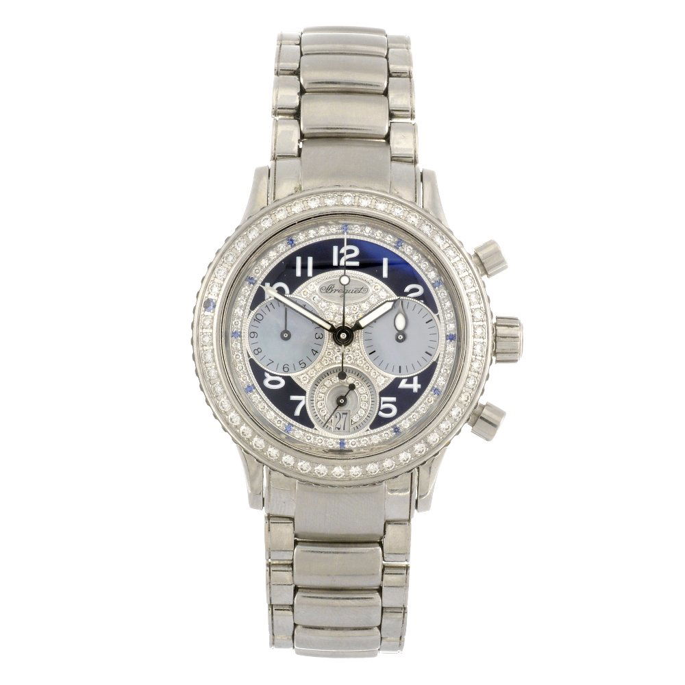 (103793) A stainless steel automatic lady's Breguet Typ: BREGUET - a stainless steel automatic lady's Type XX Transatlantique bracelet watch, reference 4821ST/S2/S76 D000, the blue enamel dial with hourly applied Arabic numerals, bordered by a diamond set m