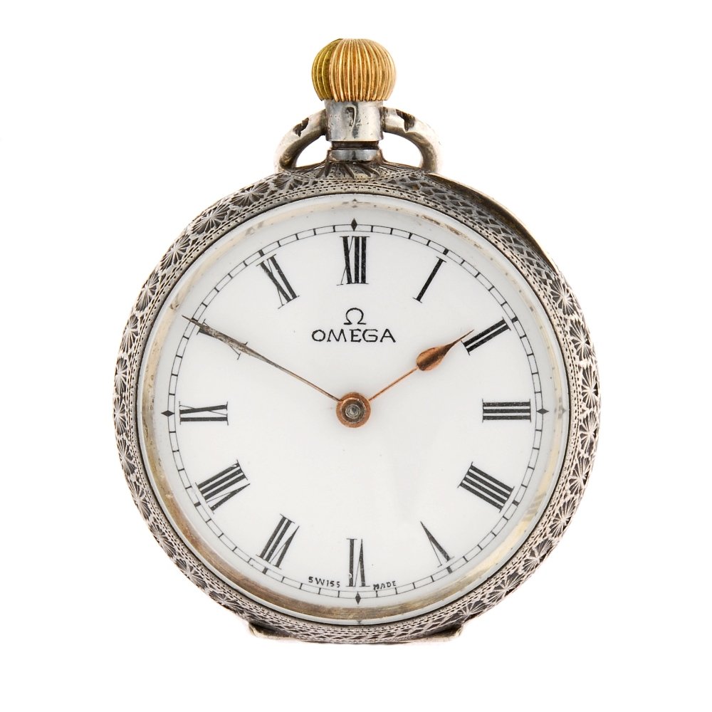 (128939225) A silver keyless wind open face fob watch.: (128939225) A silver keyless wind open face fob watch, the white dial with black Roman numerals, bordered by a minute track, round case with floral decoration and vacant cartouche to rear, unsigned mo