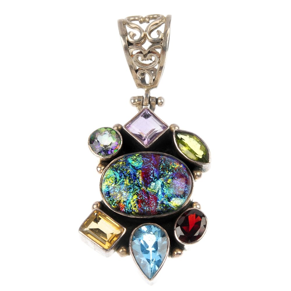 A quantity of paste and gem-set jewellery.: A quantity of paste set jewellery. To include a purple paste pendant, a mother-of-pearl dress ring, together with three further items. Length of pendants 7 to 5cms. Total weight 77.2gms.