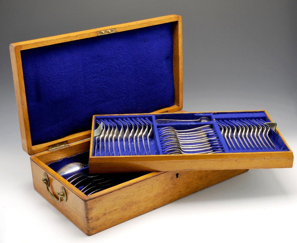 A Victorian silver Old English pattern part canteen.: A Victorian silver Old English pattern part canteen for twelve place settings comprising side forks, dessert spoons, six tablespoons, serving spoon, teaspoons, sugar tongs, hallmarked Charles Stuart H