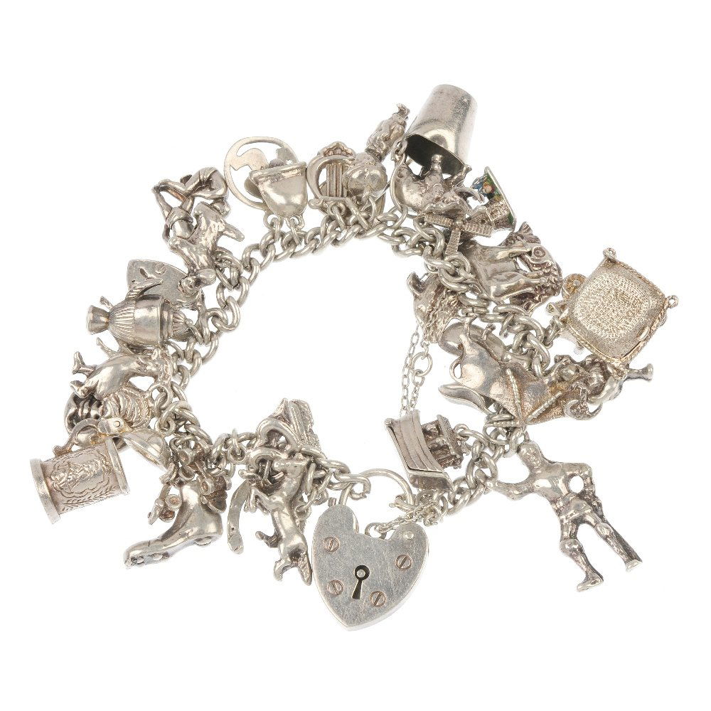 A selection of four charm bracelets.: A selection of four charm bracelets. The four curb-link chains, suspending a total of seventy-six charms including a model of Concorde. Three clasps with hallmarks for silver. Total weight 233.6gms.