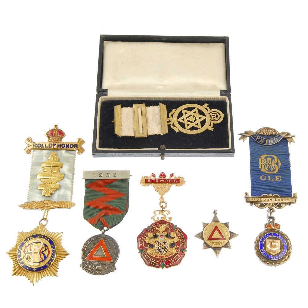 Masonic and RAOB jewels.: Masonic and RAOB jewels (6), mostly silver and silver-gilt. Very fine and better.(6).