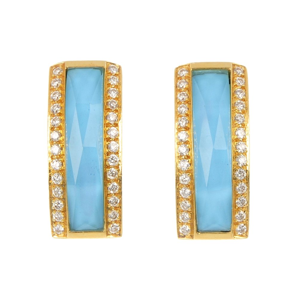 STEPHEN WEBSTER - a pair of 18ct gold turquoise, rock c: STEPHEN WEBSTER - a pair of 18ct gold turquoise, rock crystal and diamond 'Crystal Haze' earrings. Each designed as a turquoise panel, with faceted rock crystal top, with pave-set diamond sides. Signe