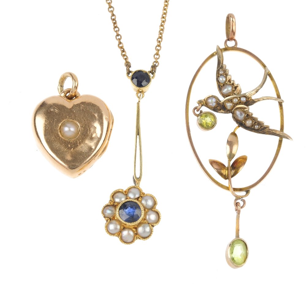 A selection of early 20th century gold gem-set jeweller: A selection of early 20th century gold gem-set jewellery. To include a split pearl and peridot swallow pendant, a heart-shape locket with split pearl accent, together with a sapphire and split pearl f