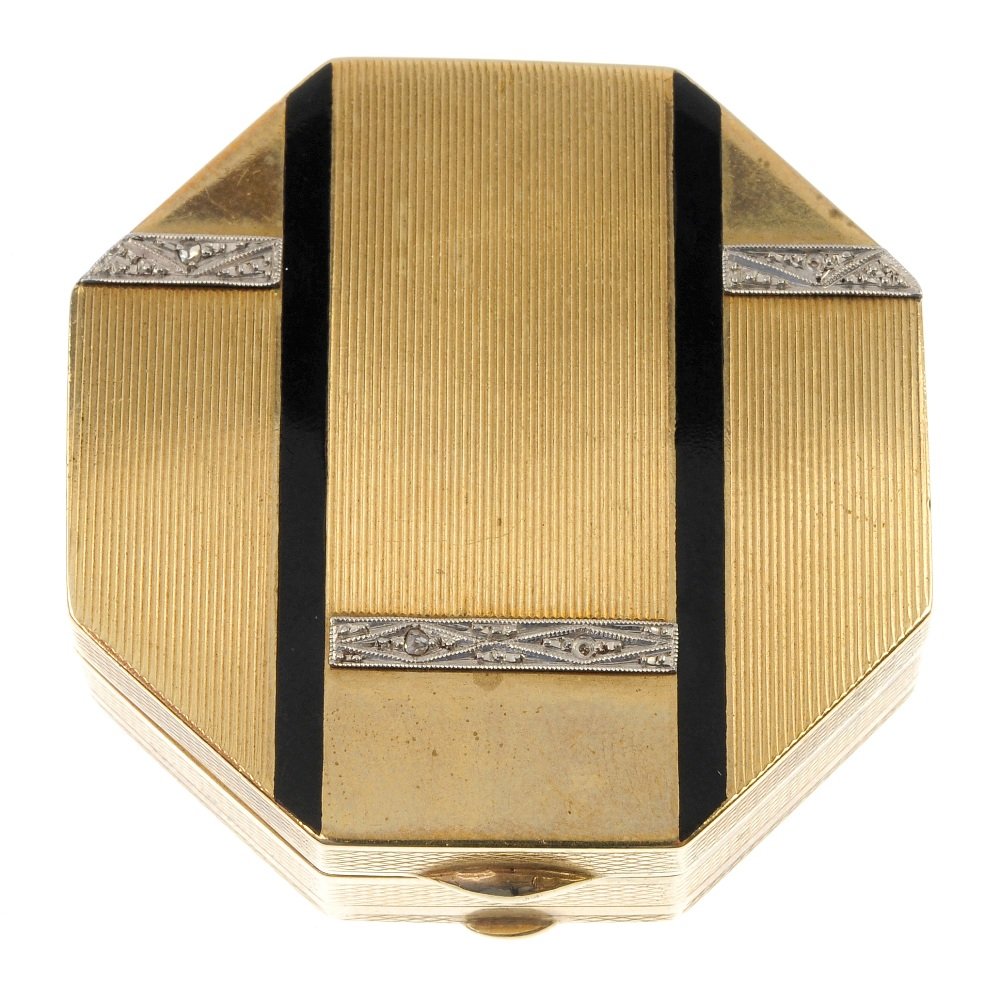 A 1920s Art Deco 9ct gold diamond and enamel rouge box.: A 1920s Art Deco 9ct gold diamond and enamel rouge box. Of octagonal outline, the multi-textured lid with black enamel bar and diamond point panel detail, opening to reveal a mirror and removable pier