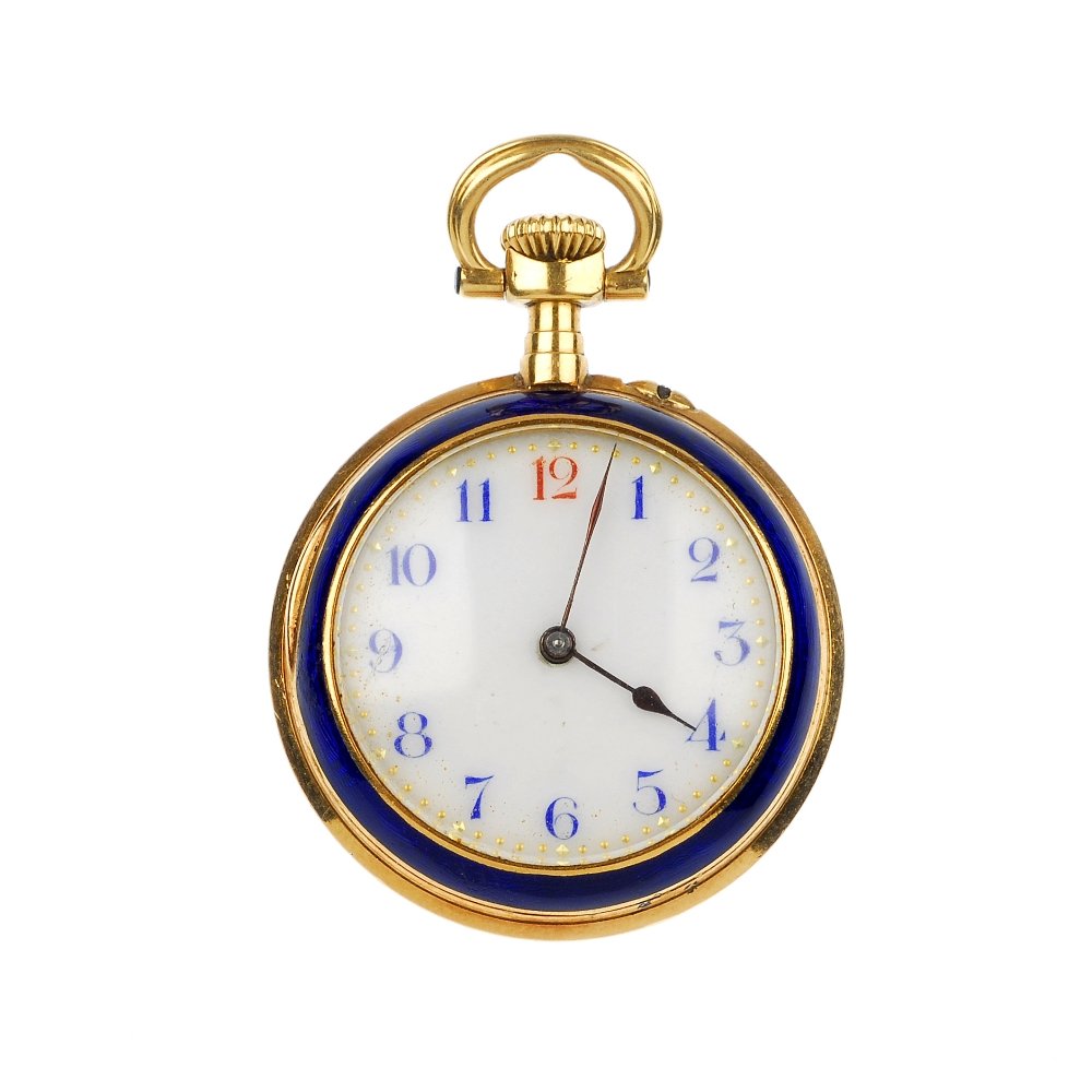 An early 20th century 18ct gold diamond and enamel fob : An early 20th century 18ct gold diamond and enamel top wind fob watch. The circular white dial, with blue and red Arabic numerals, to the blue guilloche enamel back casing, with central old-cut diamon