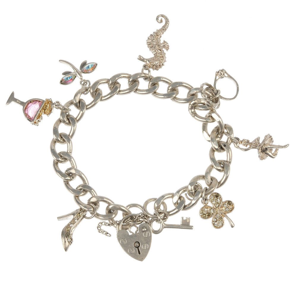 A selection of six charm bracelets.: A selection of six charm bracelets. To include three silver curb-link bracelets and three further bracelets, suspending a total of fifty-nine charms, including a seahorse and a sewing machine, togethe
