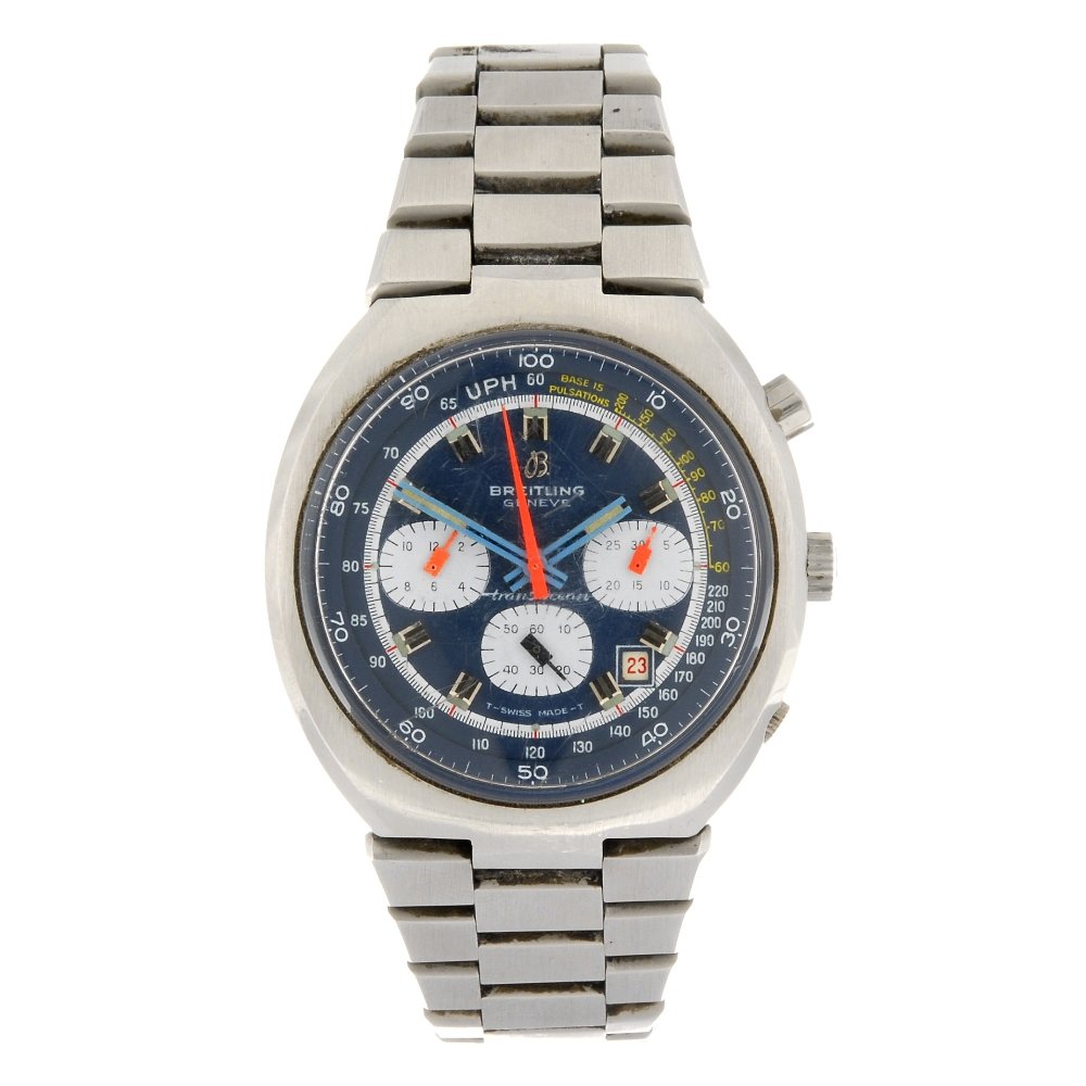 A stainless steel manual wind gentleman's Breitling: BREITLING - a stainless steel manual wind chronograph gentleman's Transocean bracelet watch, the blue dial with hourly applied silvered markers, date aperture set between four and five o'clock, subsid