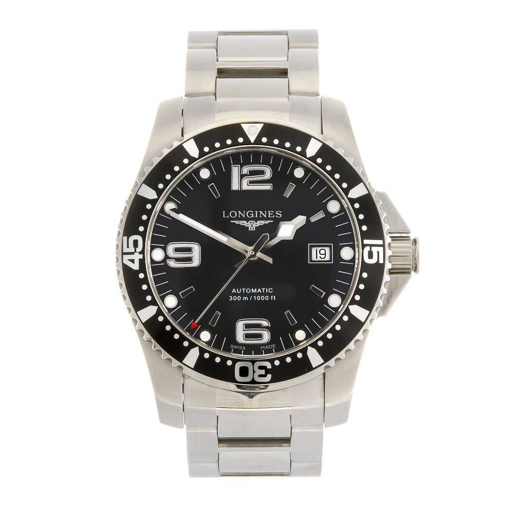 A stainless steel automatic gentleman's Longines Hydro: LONGINES - a stainless steel automatic gentleman's Hydro Conquest bracelet watch, the black dial with hourly markers and quarterly Arabic numerals, bordered by a minute track, date aperture positioned