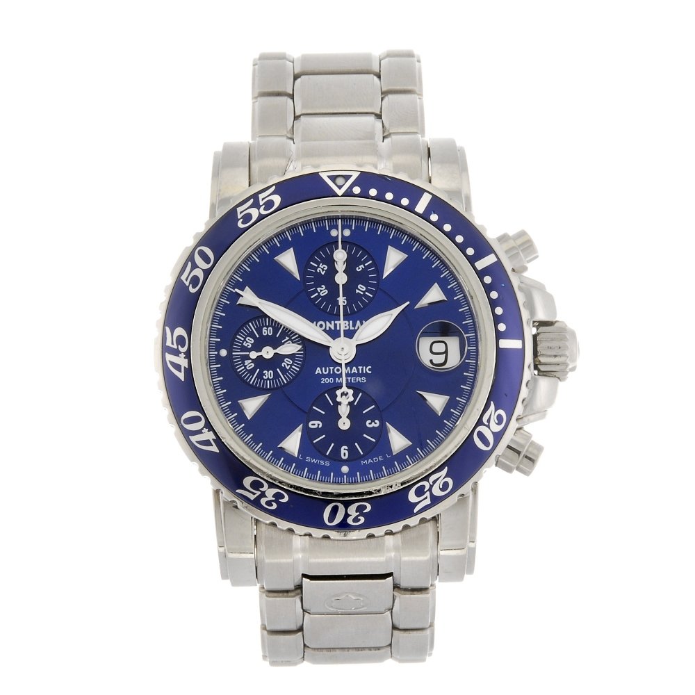 A stainless steel automatic chronograph gentleman's: MONTBLANC - a stainless steel automatic chronograph gentleman's Meisterstuck bracelet watch, the blue dial with hourly applied markers, bordered by a minute track, subsidiary recorder dials to six, ni