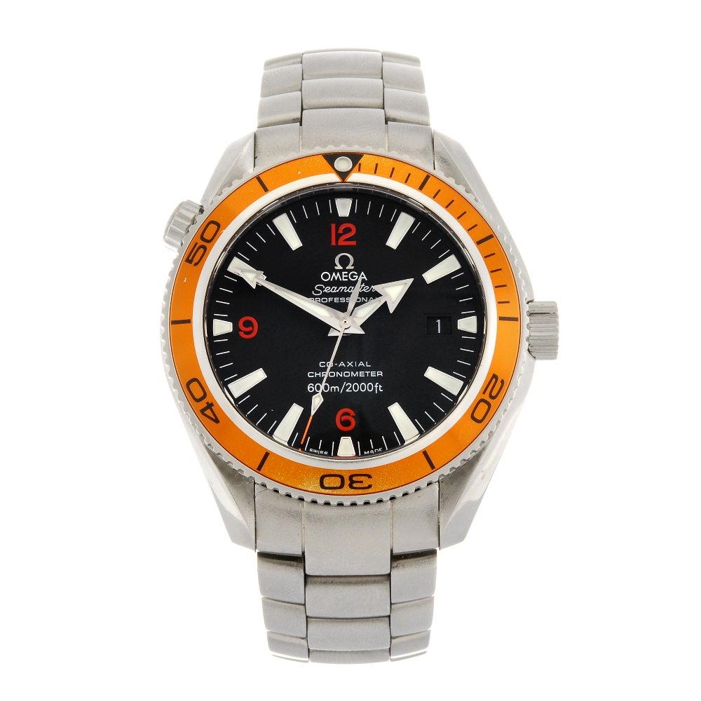 A stainless steel automatic gentleman's Seamaster: OMEGA - a stainless steel automatic gentleman's Seamaster Professional Planet Ocean Co-Axial bracelet watch, the black dial with hourly applied luminous markers, quarterly orange Arabic numerals, date