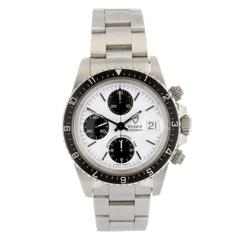 A stainless steel automatic chronograph gentleman's: TUDOR - a stainless steel automatic chronograph gentleman's Oysterdate bracelet watch, the white dial with hourly applied silvered batons, bordered by a minute track, date aperture to three o'clock, b