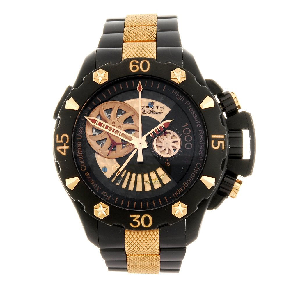 A black PVD titanium automatic chronograph gentleman's: ZENITH - a black PVD titanium automatic chronograph gentleman's Defy Extreme Open bracelet watch, the black and gilt tone dial, subsidiary seconds dial located to nine o'clock, subsidiary minute count