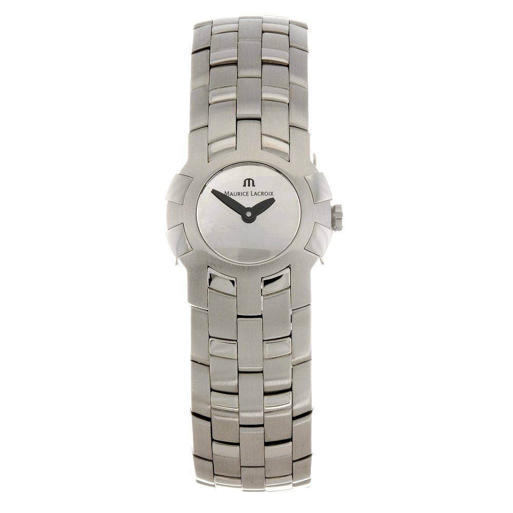 A stainless steel quartz lady's Maurice Lacroix: MAURICE LACROIX - a stainless steel quartz lady's Milestone bracelet watch, the silvered dial, round case fitted to a steel link bracelet with clasp. Case diameter 24mm. With box.