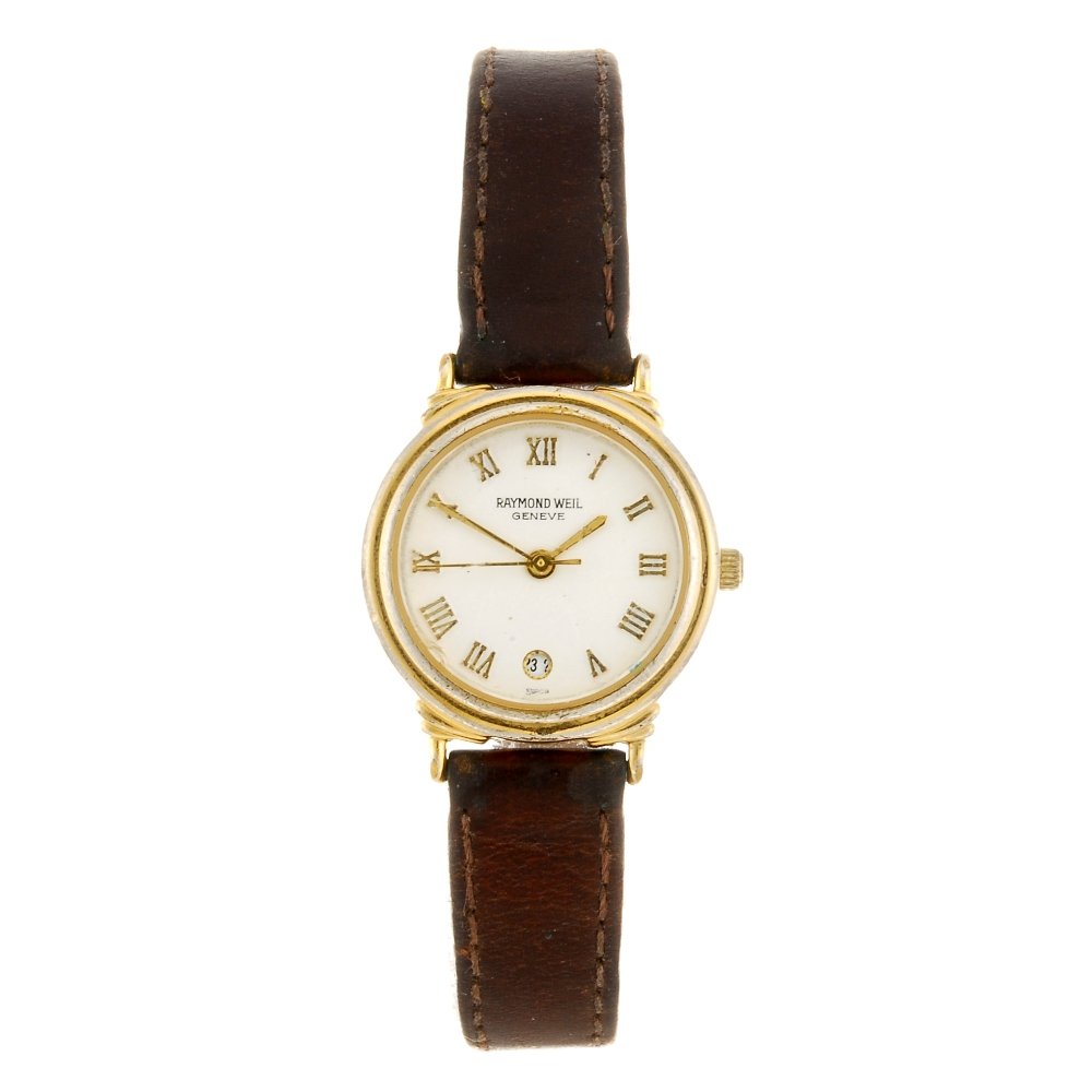A gold plated quartz lady's Raymond Weil wrist watch.: RAYMOND WEIL - a gold plated quartz lady's wrist watch, the white dial with hourly applied gilt Roman numerals, date aperture positioned to six o'clock, circular shaped case with stainless steel back,