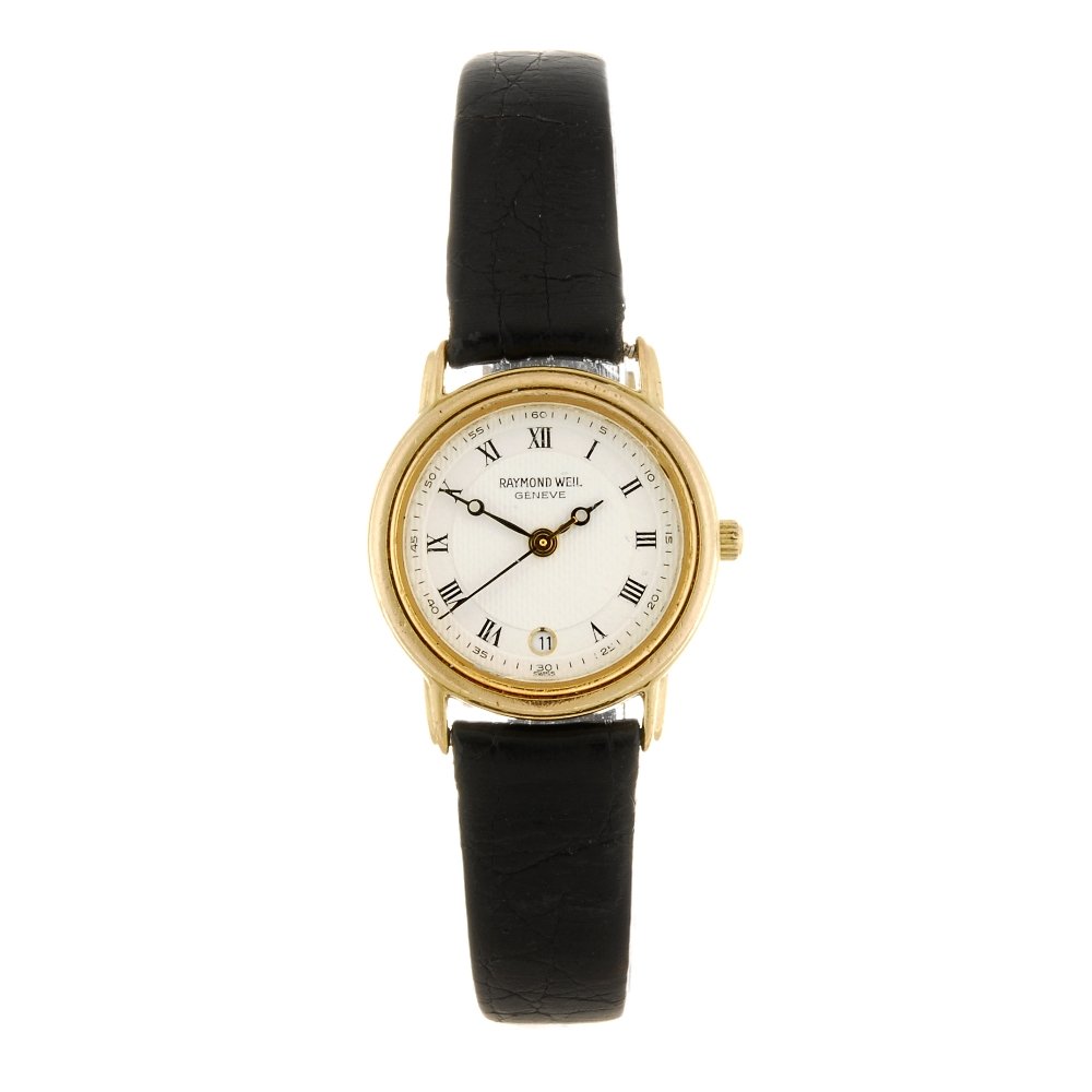 A gold plated quartz lady's Raymond Weil wrist watch.: RAYMOND WEIL - a gold plated quartz lady's wrist watch, the white dial with hourly applied black Roman numerals, date aperture positioned to six o'clock, bordered by a minute track, circular shaped ca