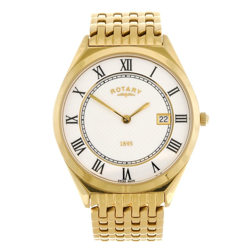 A pair of gold plated quartz Rotary bracelet watches.: A gold plated quartz gentleman's Rotary bracelet watch, the white dial with hourly applied Roman numeral markers, date aperture to three o'clock, tonneau shaped cased fitted to a gold plated bracelet