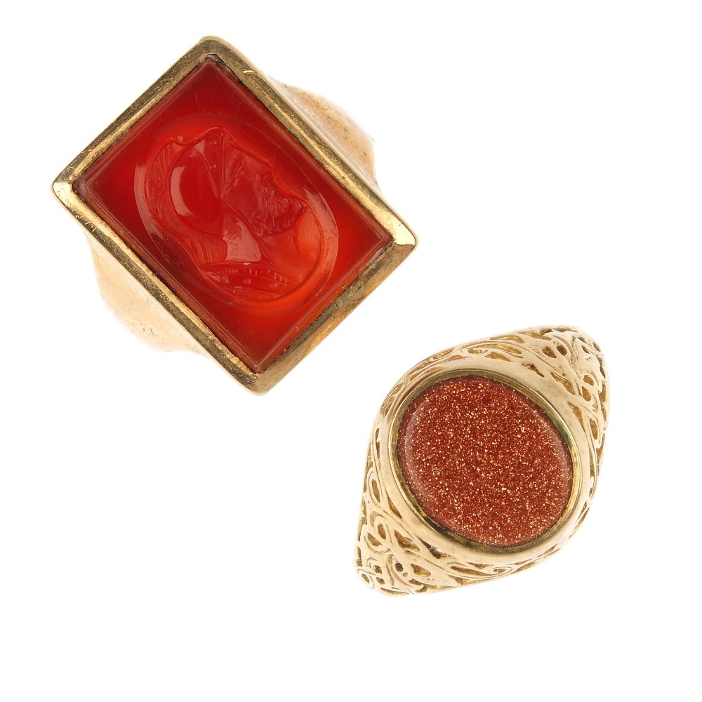 A selection of three gentleman's gem-set rings.: A selection of three gentleman's gem-set rings. To include a 9ct gold chalcedony ring, a carnelian intaglio ring and a 9ct gold goldstone ring. Two with hallmarks for 9ct gold. Total weight 18gms.