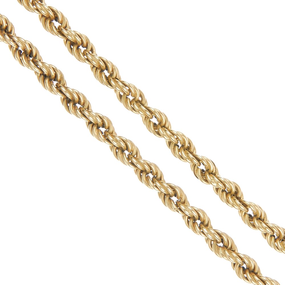 (122171) An assortment of 9ct gold jewellery.: (122171) An assortment of 9ct gold jewellery. To include two rope-twist necklaces, a rope-twist hinged bangle, two gate-link bracelets and a curb-link bracelet. Hallmarks for London or Sheffield. Weig