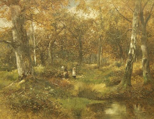 DAVID BATES (British, 1841 - 1921) Mother: DAVID BATES (British, 1841 - 1921) Mother and child gathering wood by a forest stream. Oil on canvas signed and dated '1881' lower right. 17.5" x 13.5" (44.5cm x x34.5cm)