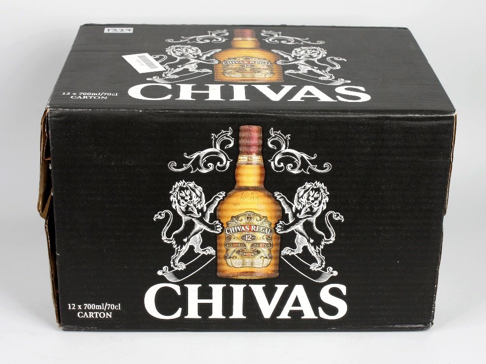 A case of Chivas Regal 12 year old blended Scotch whisk: A case of Chivas Regal 12 year old blended Scotch whisky, 12 x 70cl bottles 40% proof in original silvered card boxes and cardboard case of issue.