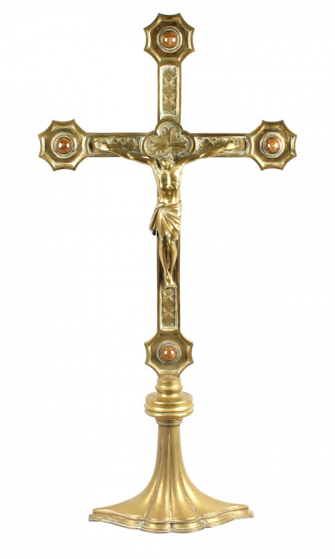 A good large Victorian cast brass altar Corpus Christi: A good large Victorian cast brass altar Corpus Christi, In the manner of A.W.N. Pugin for Hardman & Co., the cross having quatrefoil-decorated arms with octagonal terminals having inset agate cabochon