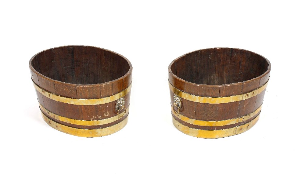A pair of 19th century brass banded coopered oak plante: A pair of 19th century brass banded coopered oak planters, each of tapered coopered oval form, the sides fitted with brass lion mask and ring carry handles. 17" x 13 1/2" x 9" high, (43.5cm x 34.25cm 