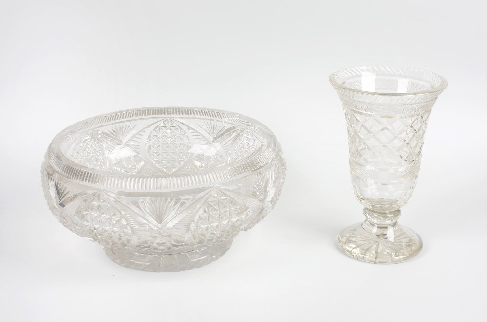 Two boxes containing a late 19th century nodding head f: Two boxes containing a late 19th century nodding head figure, selection of Soho pottery soup bowls, an old Booths chamber pot, cut glass vases, etc