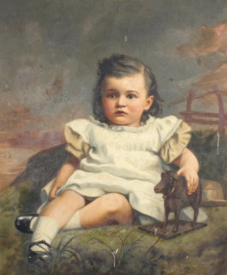 A late Victorian/Edwardian overpainted photograph on ca: A late Victorian/Edwardian overpainted photograph on canvasdepicting a young girl seated with her toy cow23.5" x 19.5", (59.5cm x 49.5cm),in gilt slip and gilt acanthus frame