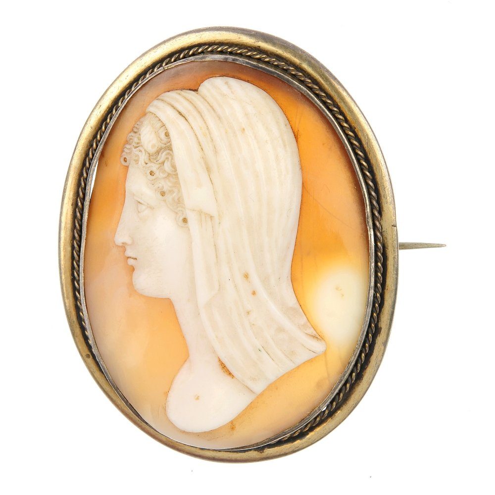 A late 19th century shell cameo brooch.: A late 19th century shell cameo brooch, of oval-shape outline, the cameo carved to depict the side profile of a veiled lady, within a rope-twist surround. Length 4.9cms.