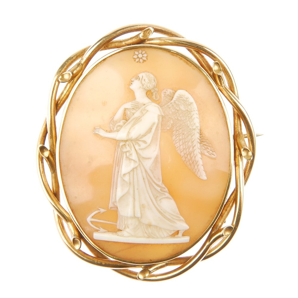 A late 19th century shell cameo brooch.: A late 19th century shell cameo brooch, carved to depict a winged female with anchor and sun detail, within a woven foliate surround. Length 6.9cms. Weight 23.6gms.