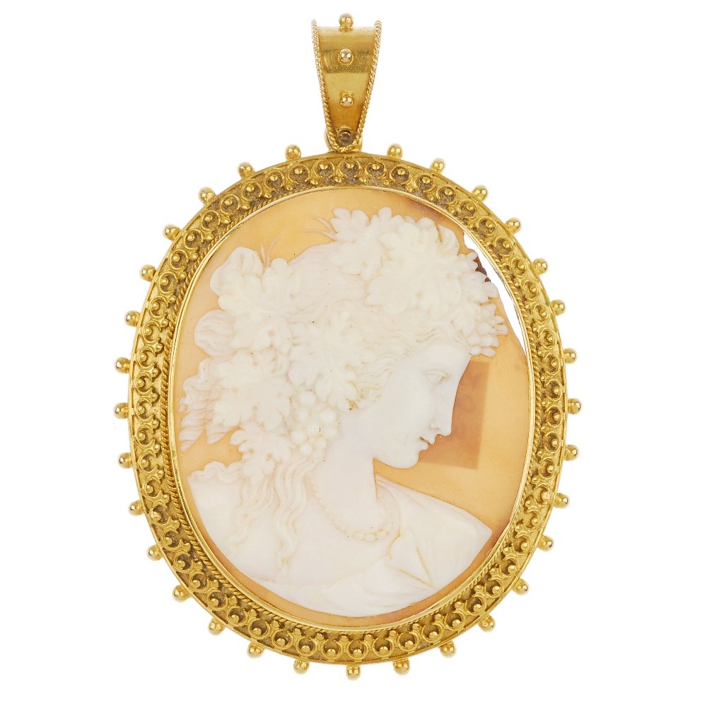 A late 19th century 18ct gold shell cameo pendant,: A late 19th century 18ct gold shell cameo pendant, together with a loose shell cameo, each of oval-shape outline, carved to depict a bacchante, the first set within a rope-twist and bead surmount. AF.
