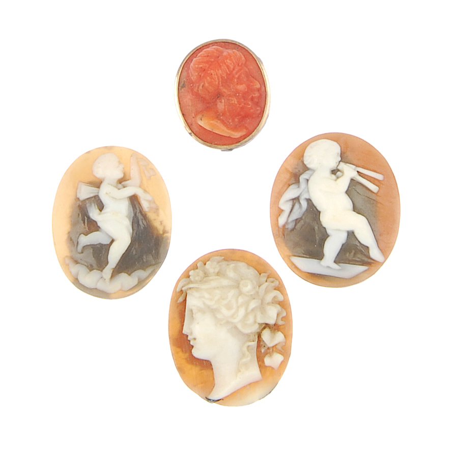 A selection of mainly loose cameos.: A selection of mainly loose cameos, to include a small mounted coral cameo plaque, a shell cameo brooch depicting Hebe administering nectar to Zeus and various cameos depicting female and male profile