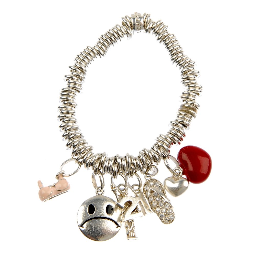 LINKS OF LONDON - a silver 'Sweetie' charm bracelet.: LINKS OF LONDON - a silver 'Sweetie' charm bracelet, suspending a series of five Links of London charms and a non designer paste flip flop charm. Maker's mark for Links of London. Six with hallmarks f