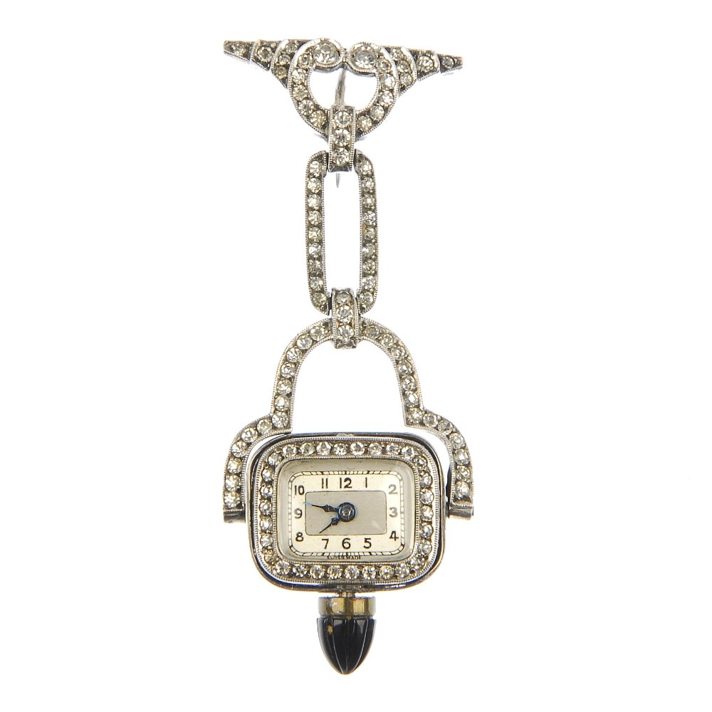 A selection of costume jewellery.: A selection of costume jewellery, to include a mid 20th century colourless paste, black gem and black enamel geometric fob watch and an early 20th century split pearl crescent and star stickpin. (6) S