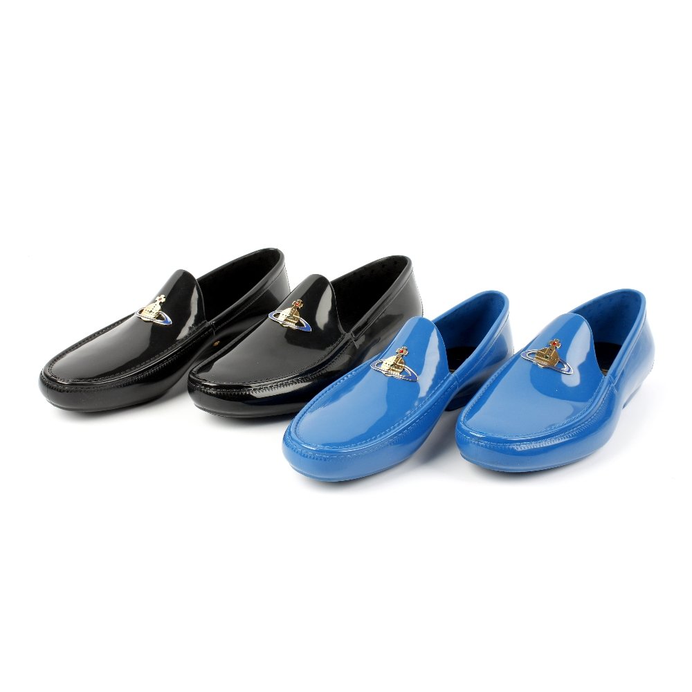 VIVIENNE WESTWOOD - two pairs of plastic loafers: VIVIENNE WESTWOOD - two pairs of plastic loafers with a round moc stitched toe featuring the signature copper orb with short rubber heels, to include one black pair and one sky blue pair. Both size 9.