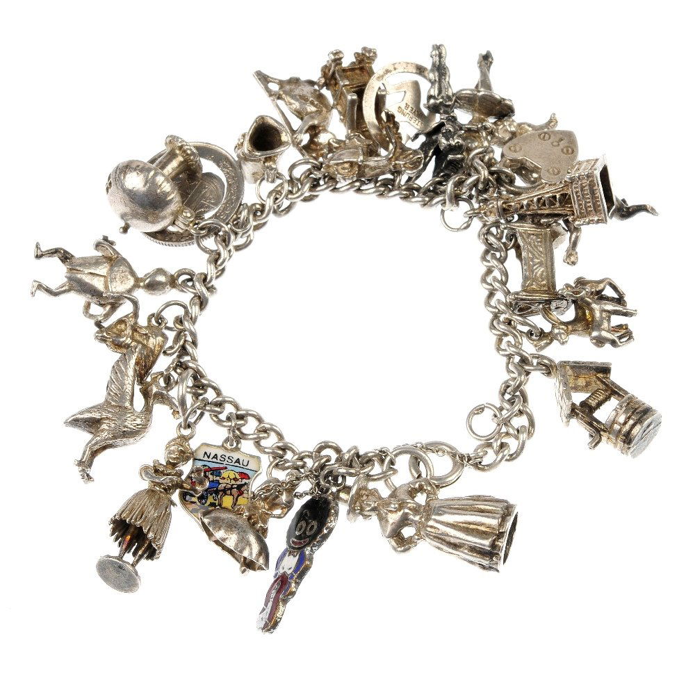 A selection of three charm bracelets.: A selection of three charm bracelets. Each designed as a curb or double curb-link chain, suspending a total of forty one charms, including a hula dancer with moving skirt. One clasp with hallmarks for